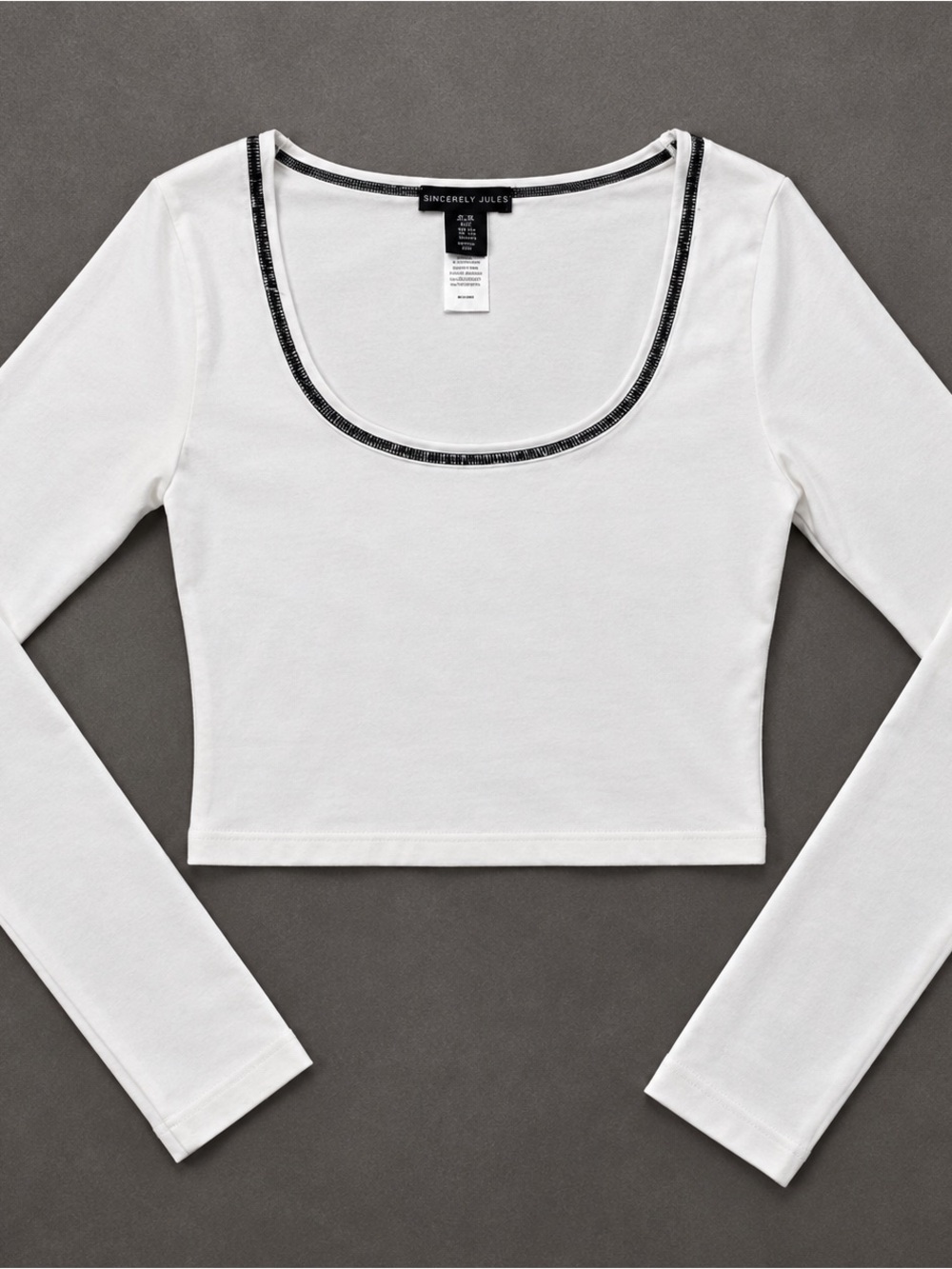 Sincerly Jules White Long Sleeve Scoop Neck Cropped Top with Black Trim
